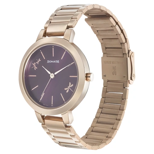 Sonata Women’s Purple Dial Watch with Stainless Steel Strap – Model 8141WM02
