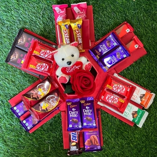 Sweet Romance Explosion Combo with Premium Chocolates, Cute Doll & Artificial Red Rose