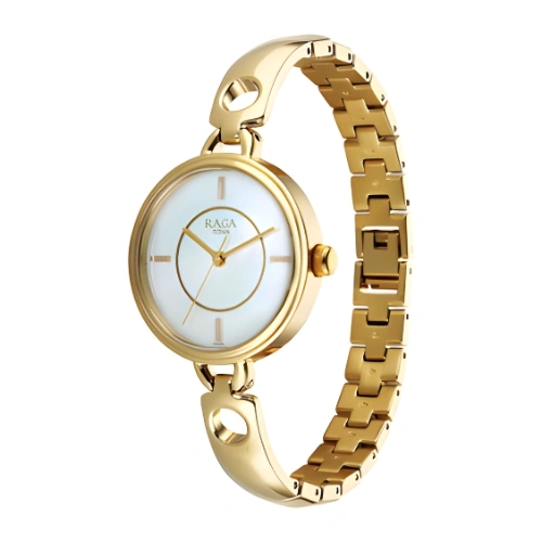 Titan Raga White Mother of Pearl Dial Gold Metal Strap Analog Watch for Women with a chic bracelet band- 2774YM01
