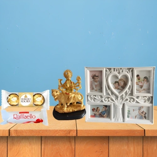 Divine Blessings Combo: Durga Mata Statue, Elegant Photo Frame & Premium Chocolates