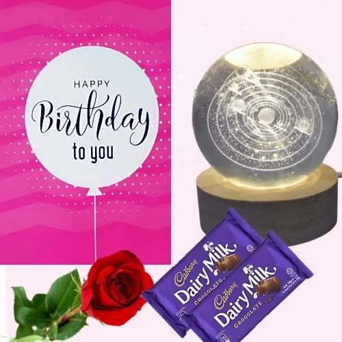 Romantic Birthday Combo Gift – Crystal Moon Lamp, Dairy Milk Chocolates & Rose – Perfect for Loved Ones